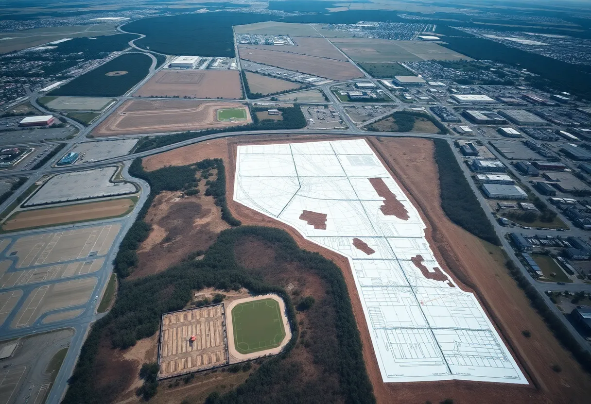Aerial view of undeveloped land in New Jersey with construction plans