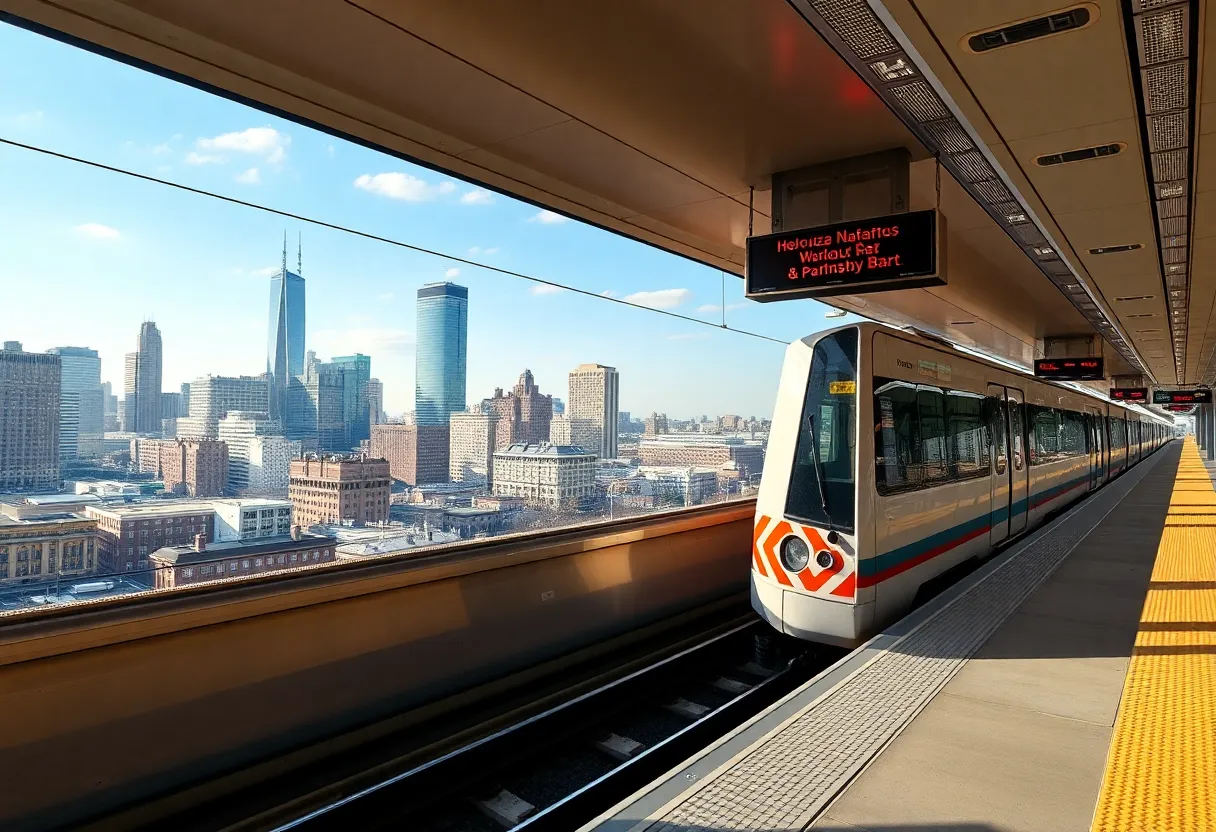 NJ TRANSIT train moving through a cityscape