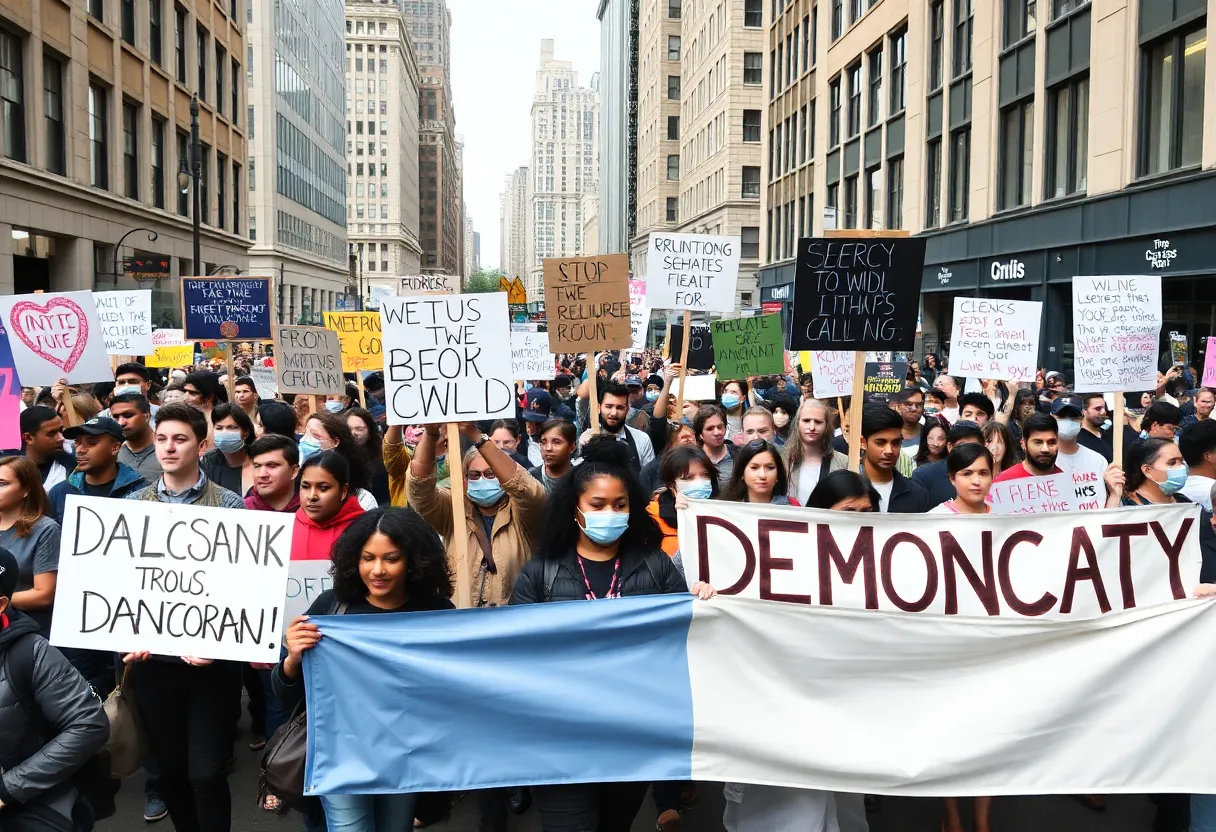 Crowd of protesters holding signs for democratic reforms