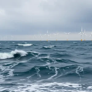 Offshore wind turbines with stormy ocean backdrop representing energy project challenges.