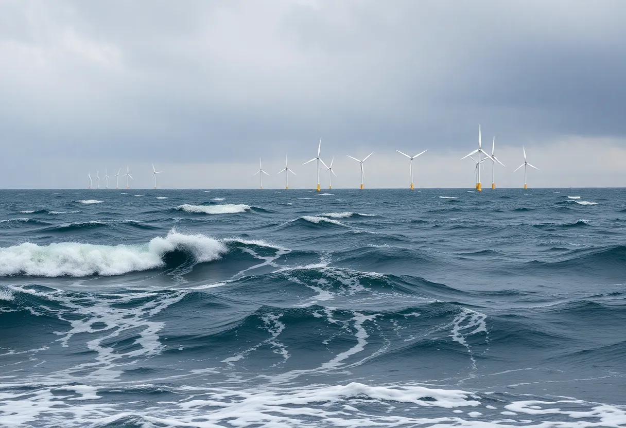 Offshore wind turbines with stormy ocean backdrop representing energy project challenges.
