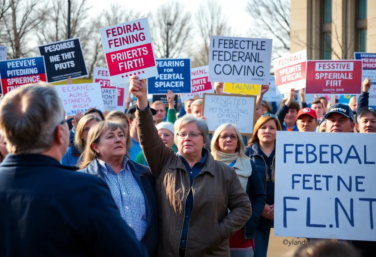 Supporters at a public rally listening to a speaker about federal spending