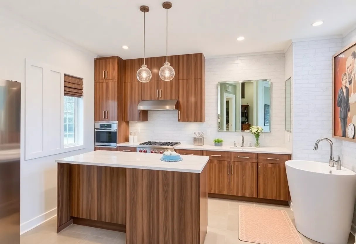 Image of a modern remodeled kitchen and bathroom