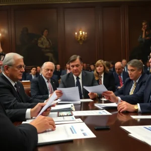 Republican senators in a meeting discussing infrastructure funding