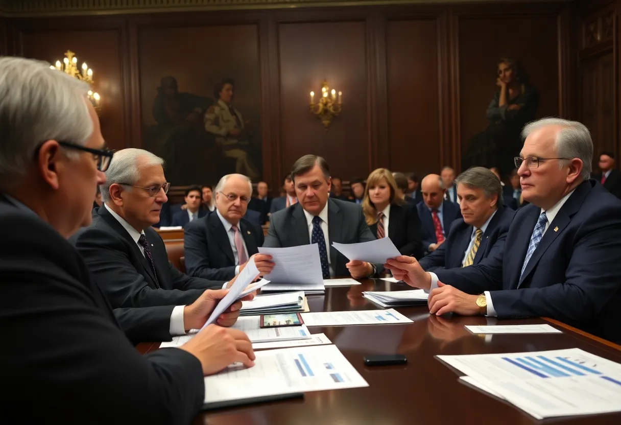 Republican senators in a meeting discussing infrastructure funding