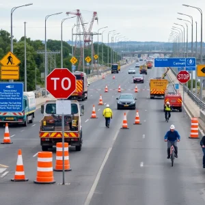 Construction site on Route 52 Causeway with workers and machinery.