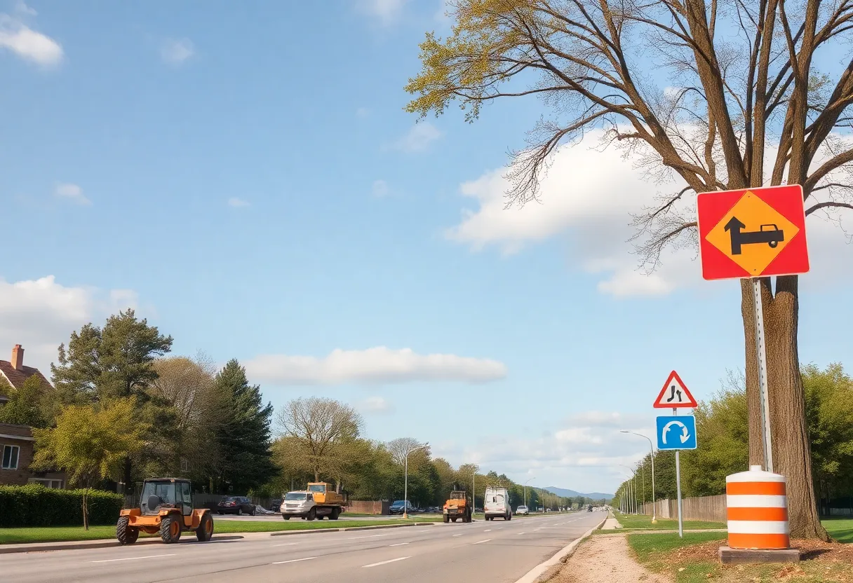 Suburban landscape with trees and construction equipment