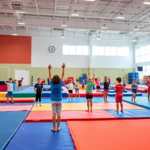 Children practicing gymnastics in a colorful center