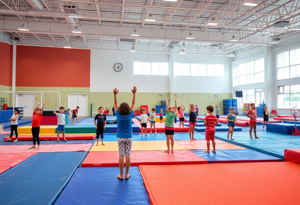 Children practicing gymnastics in a colorful center